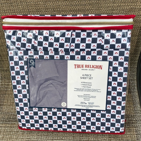 True Religion Blue Red White Plaid Polyester QUEEN Sheet Set 6pc - Picture 5 of 12